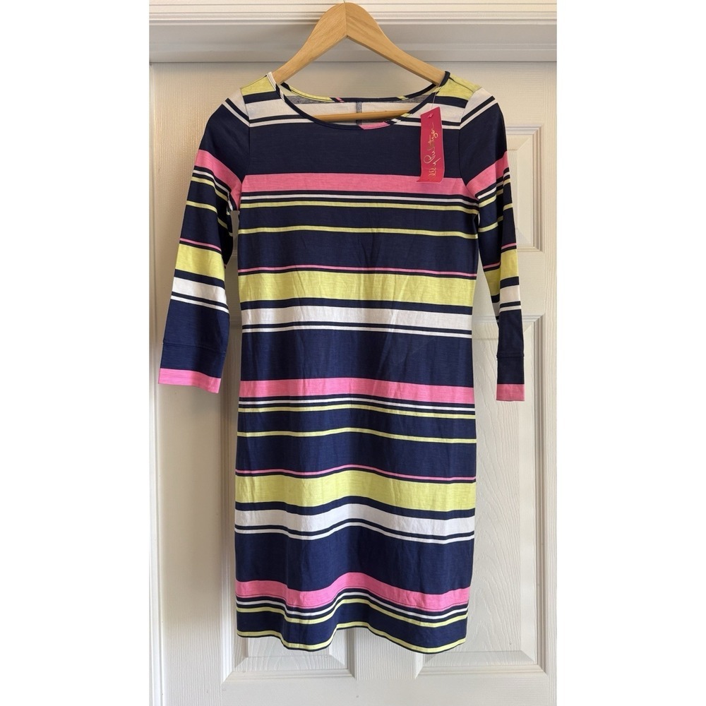 Lilly Pulitzer Marlowe Dress Women XXS Multi Sun Stripe Pima Cotton 3/4 Sleeve